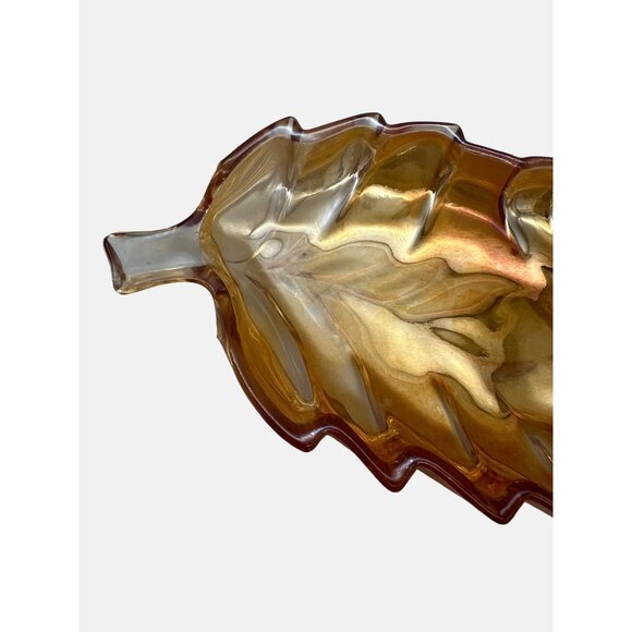 Vintage Leaf-Shaped Carnival Glass Dish Double Stems Marigold 11" x 4.5" Snack - Picture 4 of 7